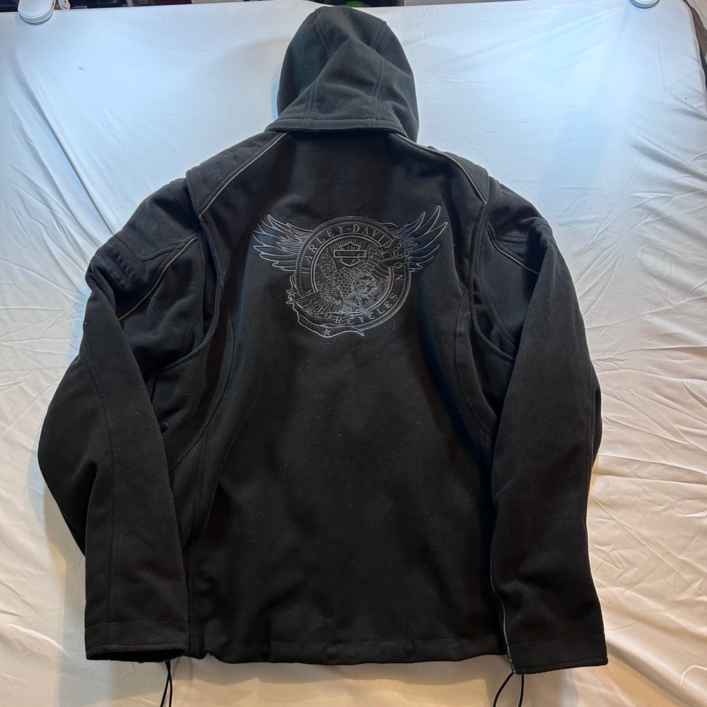 Harley Davidson Mens XL Black Fleece Hooded Riding Jacket Embroidered Eagle Logo